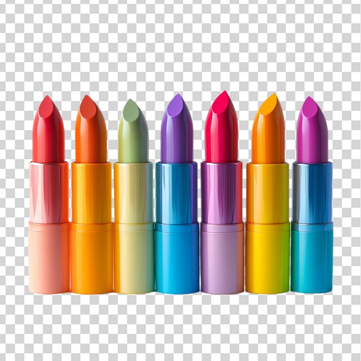 PSD un conjunto de lápices labiales coloridos dispuestos en un gradiente aislado en un fondo transparente