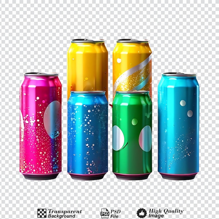 PSD conjunto de latas de refrescos de bebidas de aluminio de colores aislados