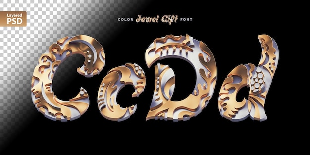 Conjunto de letras doradas y plateadas en 3D con superficie decorativa abstracta