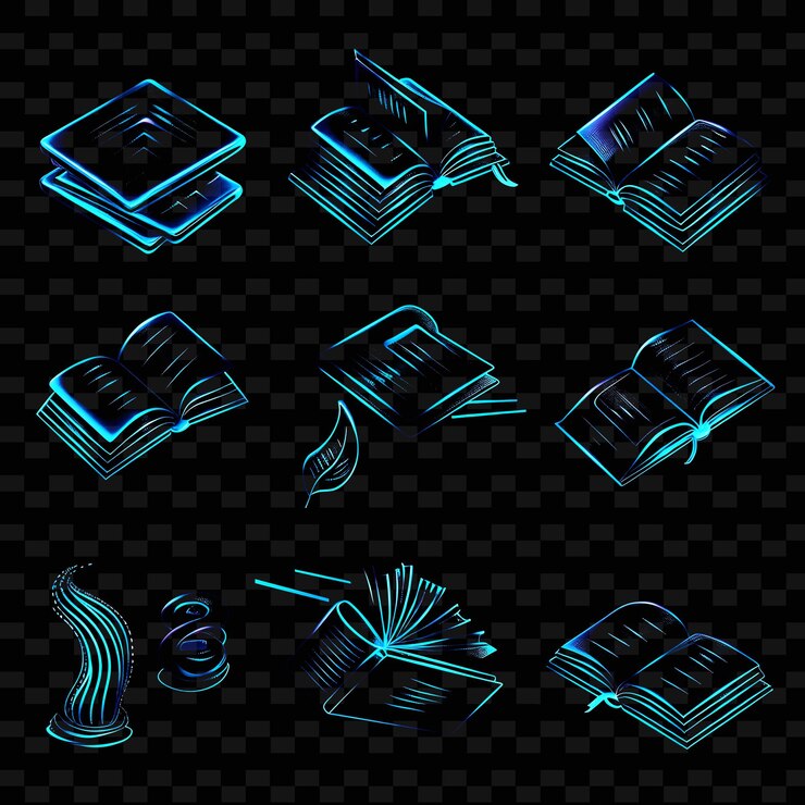 PSD un conjunto de libros con las palabras libros en un fondo negro
