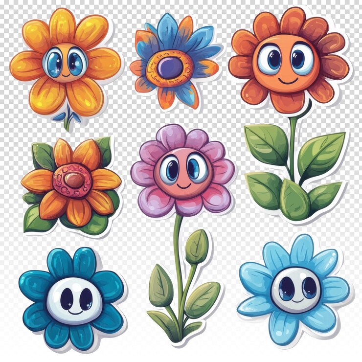 PSD conjunto de lindas flores de dibujos animados con ojos en un fondo transparente