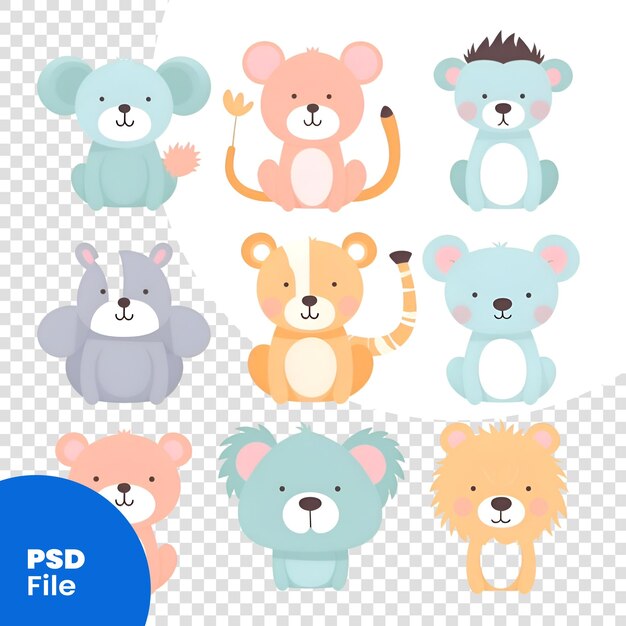 PSD conjunto de lindos animales de dibujos animados ilustración vectorial en una plantilla psd de estilo plano