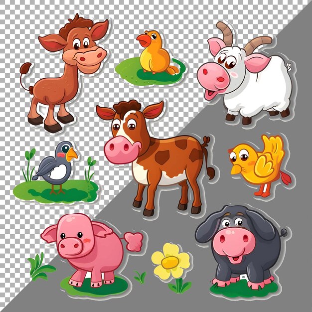 PSD conjunto de lindos animales de granja envasado estilo pegatina en fondo transparente ai generado