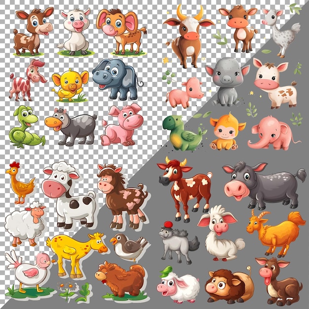 PSD conjunto de lindos animales de granja envasado estilo pegatina en fondo transparente ai generado