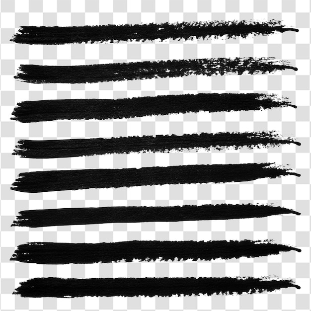 Conjunto de líneas de trazo de pincel de marcador negro con textura de tinta seca aislada en un fondo transparente