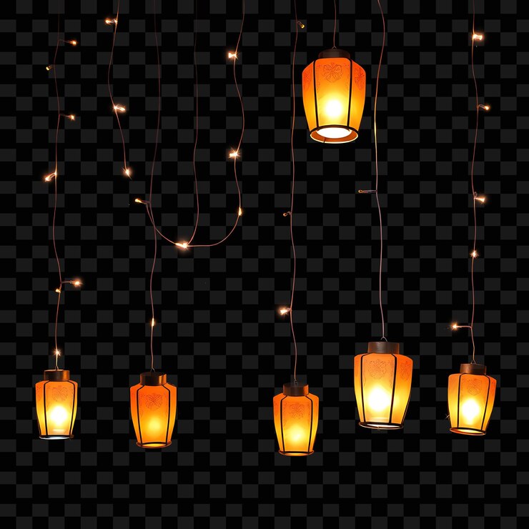PSD un conjunto de linternas naranjas con una cadena de luces en un fondo negro