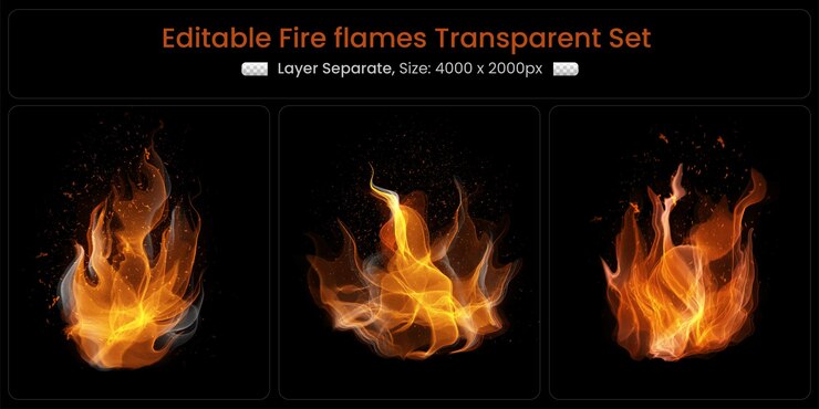 PSD conjunto de llamas de fuego ardiente realista con elementos brillantes brillantes