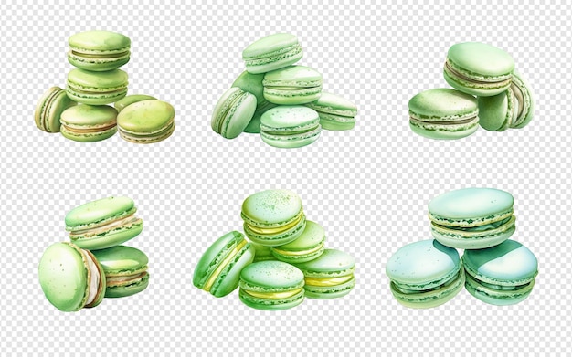 Conjunto de macarrones verde pistacho acuarela aislados sobre fondo transparente