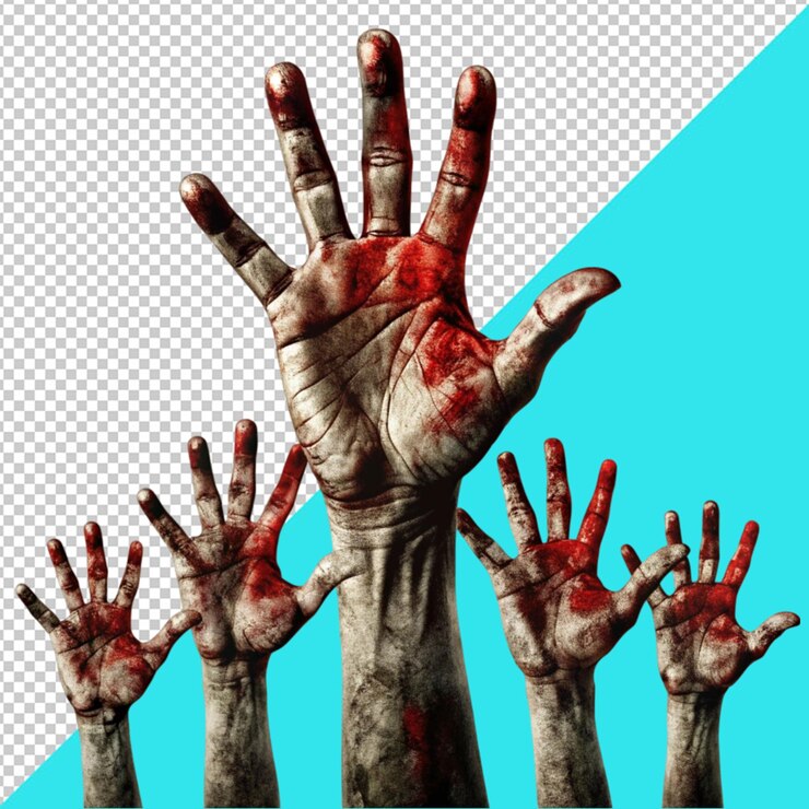 PSD conjunto de manos de zombies para halloween en un fondo transparente