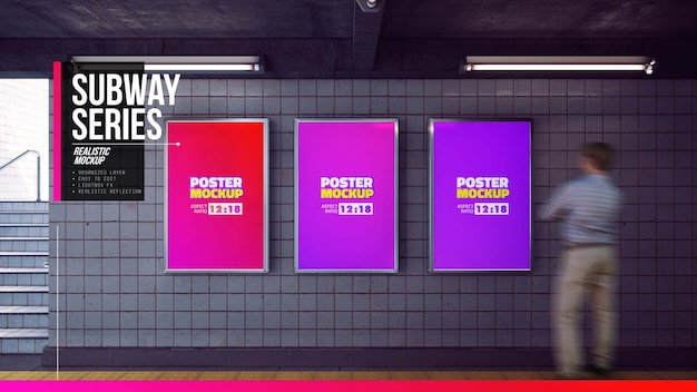 Conjunto de maquetas de carteles en el pasillo de la estación de metro
