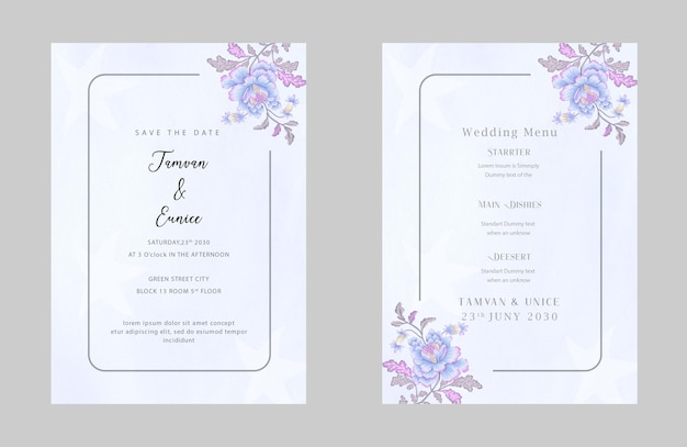 Conjunto de marco de invitación de boda flores hojas desorden y acuarela mínimo PSD