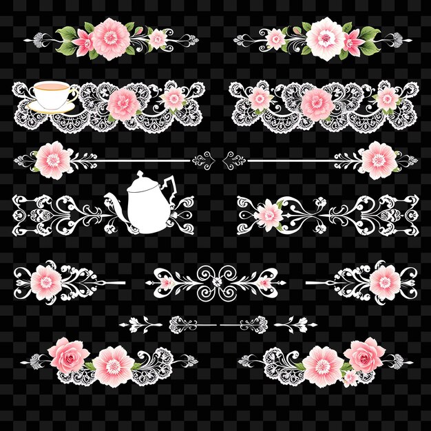 un conjunto de marcos con una tetera y un diseño floral