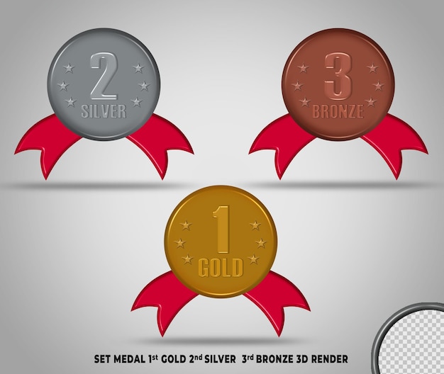conjunto de medallas 1o oro 2o plata 3o renderización en 3D