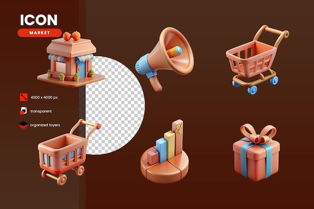 conjunto de mercado colección icono color melocotón en plástico estilo 3d