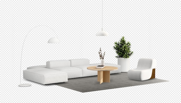 PSD conjunto minimalista de muebles de decoración en sala de estar en renderizado 3d