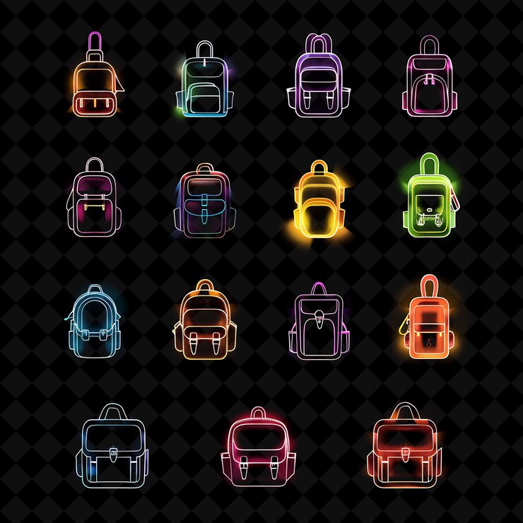 PSD un conjunto de mochilas de colores con luces de colores en ellos