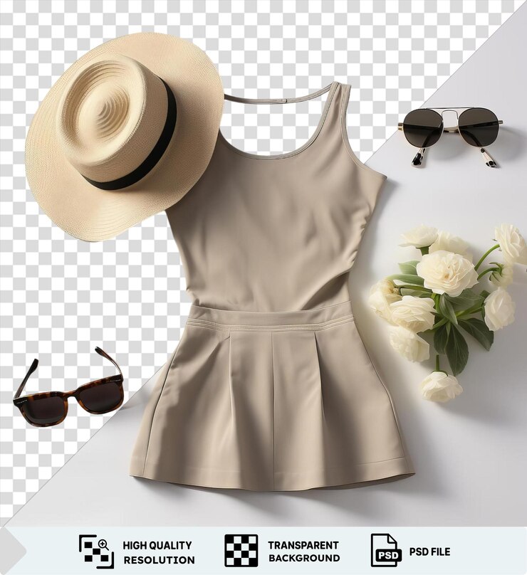 PSD conjunto de moda premium de verano con un vestido blanco gafas de sol negras y sombrero de paja complementado por una rosa blanca y un telón de fondo de pared blanco