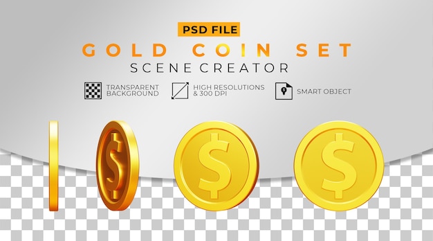 PSD conjunto de monedas de dólar realista 3d