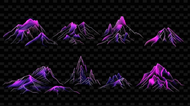 Un conjunto de montañas púrpuras con colores púrpura y púrpura