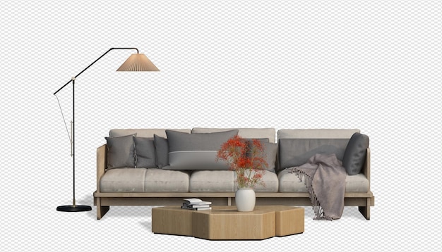 Conjunto de muebles de interior psd en renderizado 3d.