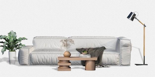 Conjunto de muebles de interior psd en renderizado 3d.