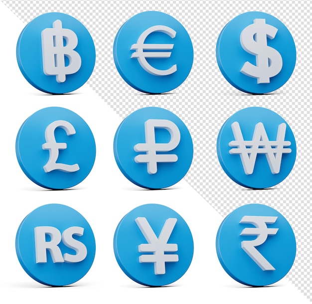 Conjunto de nueve símbolos de moneda blanca con iconos azules redondeados en fondo blanco Ilustración 3d