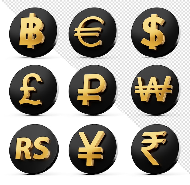 Conjunto de nueve símbolos de moneda dorada con iconos negros redondeados en fondo blanco Ilustración 3D