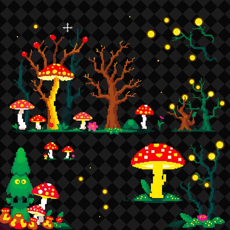 PSD conjunto de objetos bosque mágico set de hongos brillantes árboles encantados luciérnagas flotantes foras mágicas