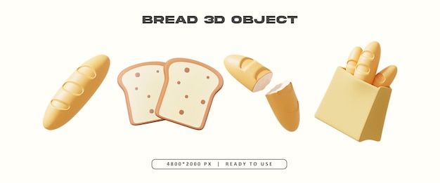 El conjunto de objetos de pan aislado Ilustración de renderización 3D