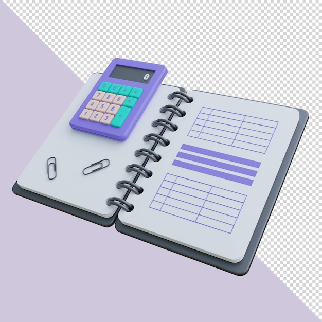 PSD conjunto de oficina de renderizado 3d de cuaderno espiral y calculadora púrpura y clips de papel