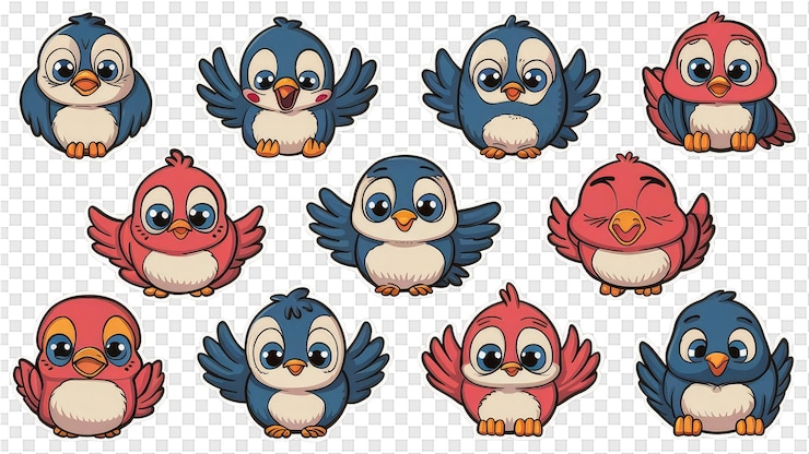 PSD un conjunto de pájaros azules de dibujos animados con alas