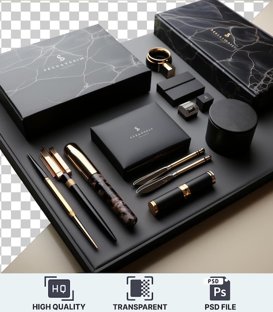 Conjunto de papelería y escritura de lujo transparente con una caja negra, bolígrafos plateados y dorados y un bolígrafo negro