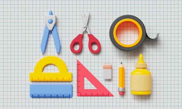 Conjunto de papelería de suministros escolares y de oficina Renderizado en 3D