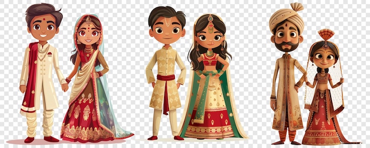PSD conjunto de pareja de bodas indias bonitas personaje moda png en fondo transparente