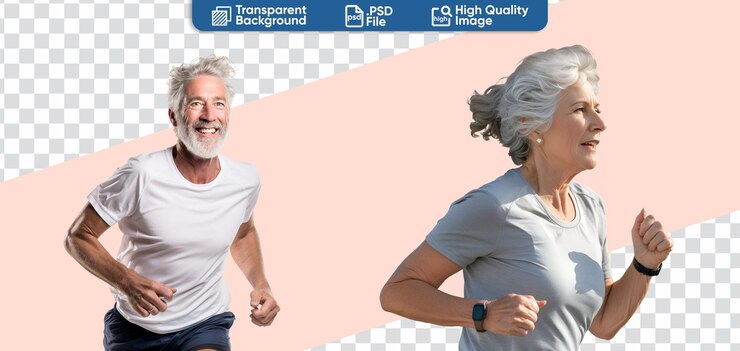 PSD conjunto de parejas de ancianos alegres corriendo y llevando un estilo de vida saludable para una larga vida madura.