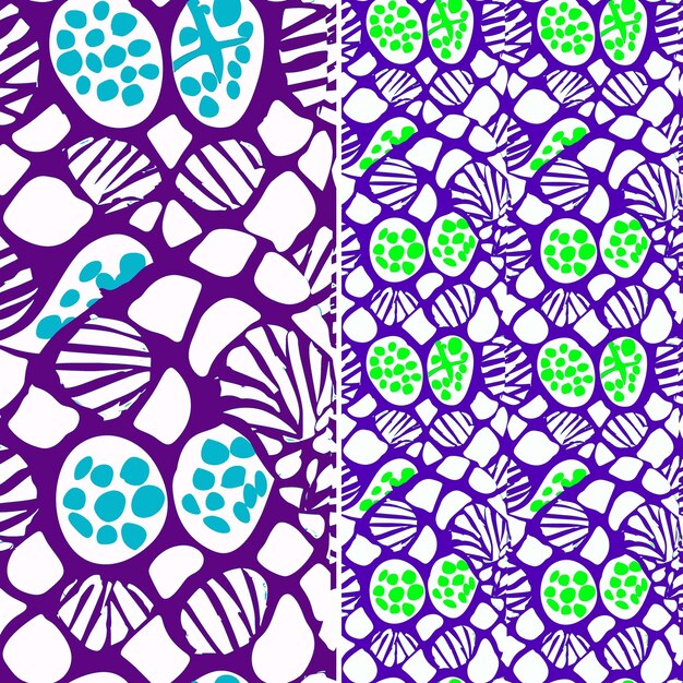 Un conjunto de patrones diferentes con flores verdes y púrpuras