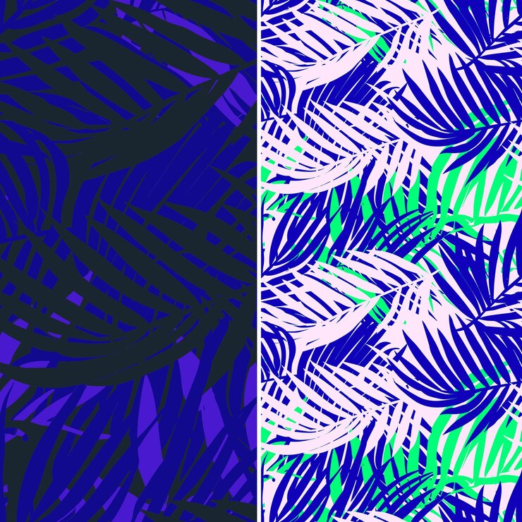 PSD un conjunto de patrones geométricos azules y púrpuras con hojas de palma