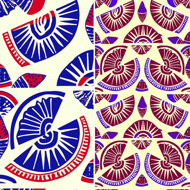 PSD un conjunto de patrones geométricos azules y rojos con un pájaro en la parte superior