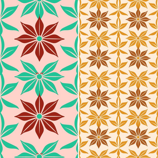PSD un conjunto de patrones geométricos coloridos con un diseño de flores en rojo y naranja