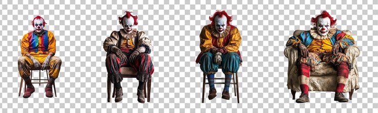 Conjunto de payaso aterrador sentado en una silla aislado en un fondo transparente
