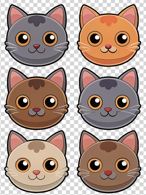 Conjunto de pegatinas de cabeza de gato de dibujos animados aisladas sobre un fondo transparente