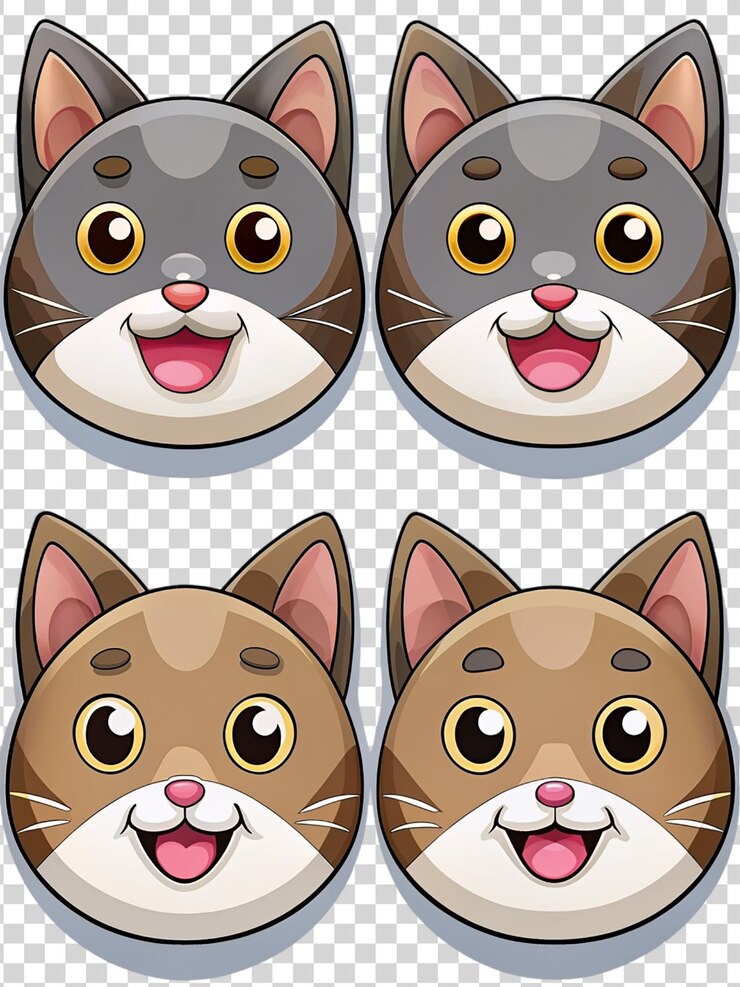 PSD conjunto de pegatinas de cabeza de gato de dibujos animados aisladas sobre un fondo transparente