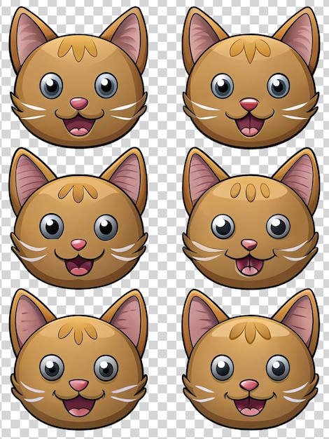 Conjunto de pegatinas de cabeza de gato de dibujos animados aisladas sobre un fondo transparente