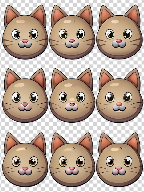 Conjunto de pegatinas de cabeza de gato de dibujos animados aisladas sobre un fondo transparente