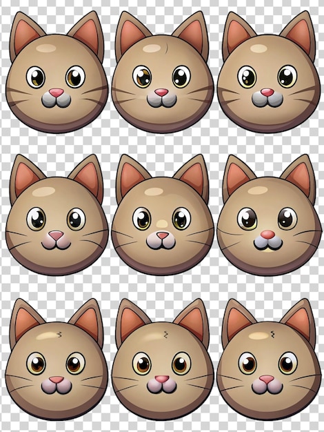 Conjunto de pegatinas de cabeza de gato de dibujos animados aisladas sobre un fondo transparente