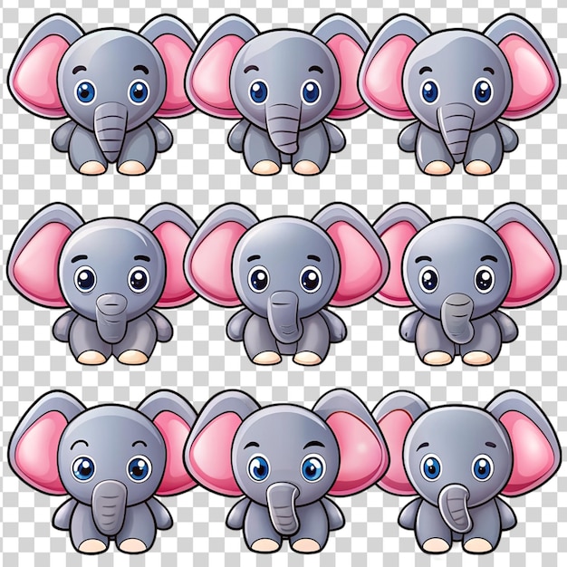 Conjunto de pegatinas de elefantes de dibujos animados aislados sobre un fondo transparente