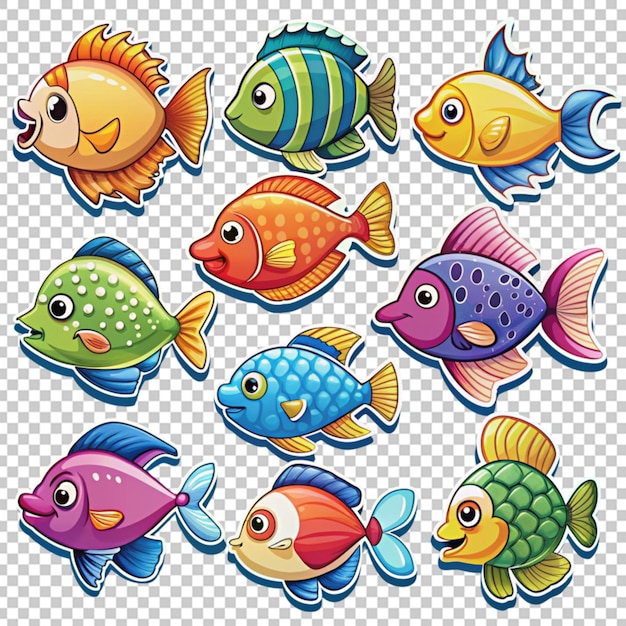 PSD conjunto de pegatinas de peces de dibujos animados