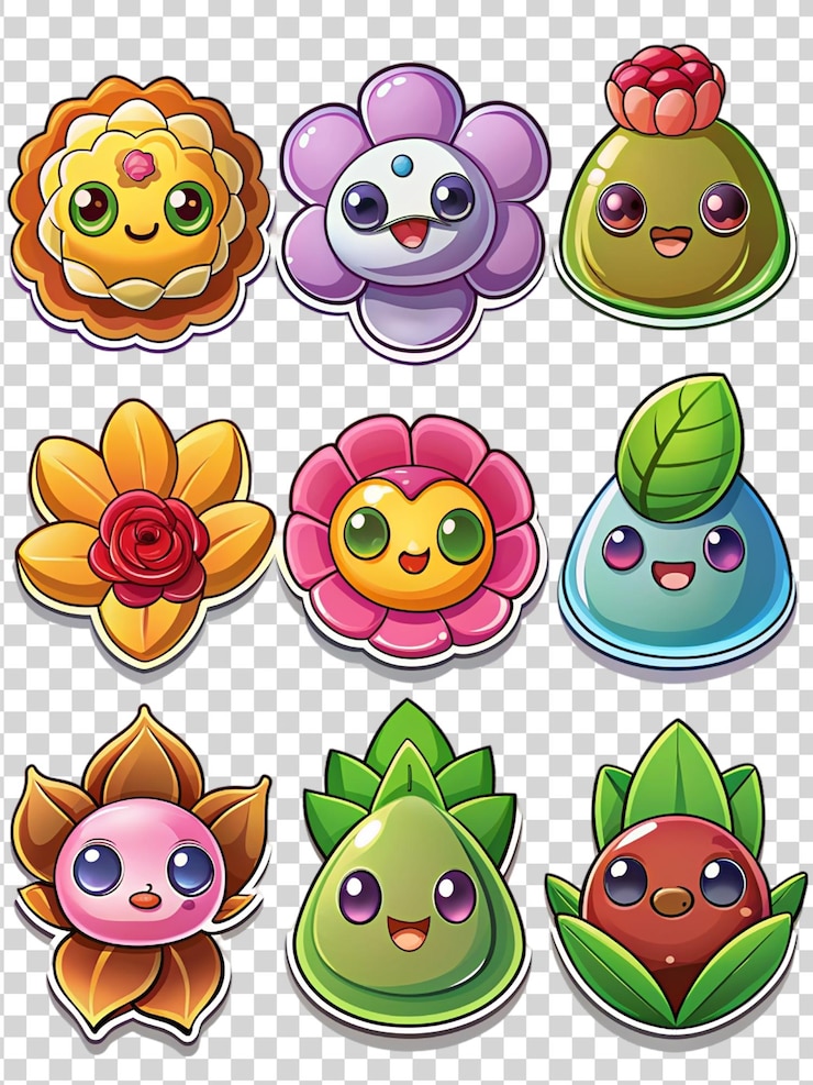 PSD conjunto de pegatinas de plantas de dibujos animados aisladas sobre un fondo transparente