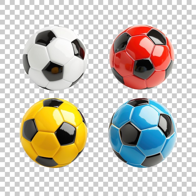 Conjunto de pelotas de fútbol aisladas en un fondo transparente