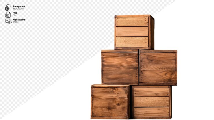 PSD conjunto de pequeñas cajas de almacenamiento de madera apiladas juntas sobre un fondo transparente